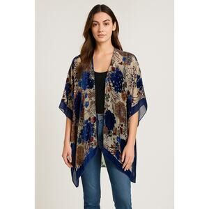 Boho Floral Velvet Burnout Kimono‎ Shawl Wrap Sheer Open Front Poncho One Size
